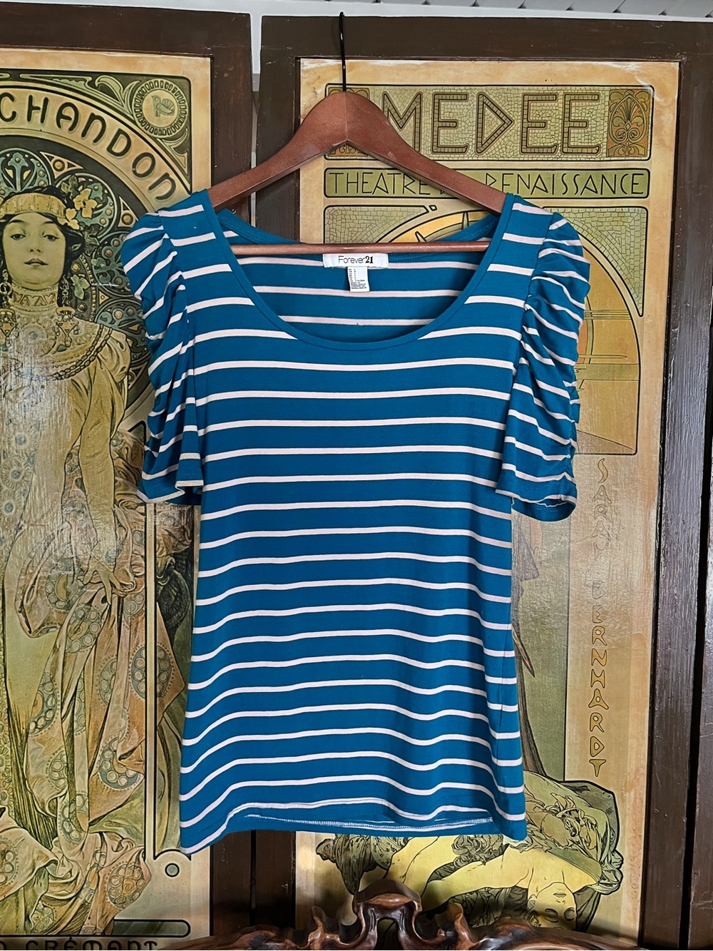 Forever 21 Teal and White Striped Scoop Neck Ruffle Sleeve Top